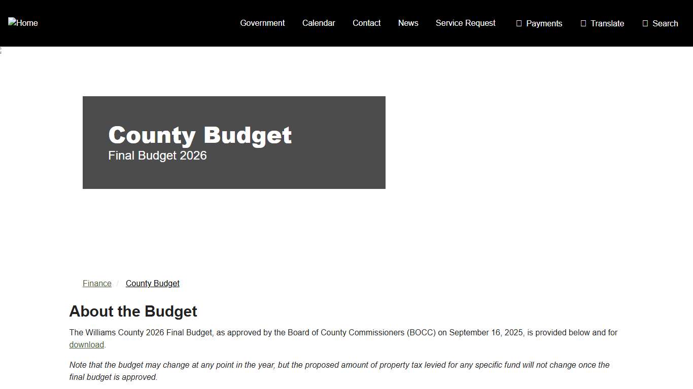 County Budget - Williams County, ND